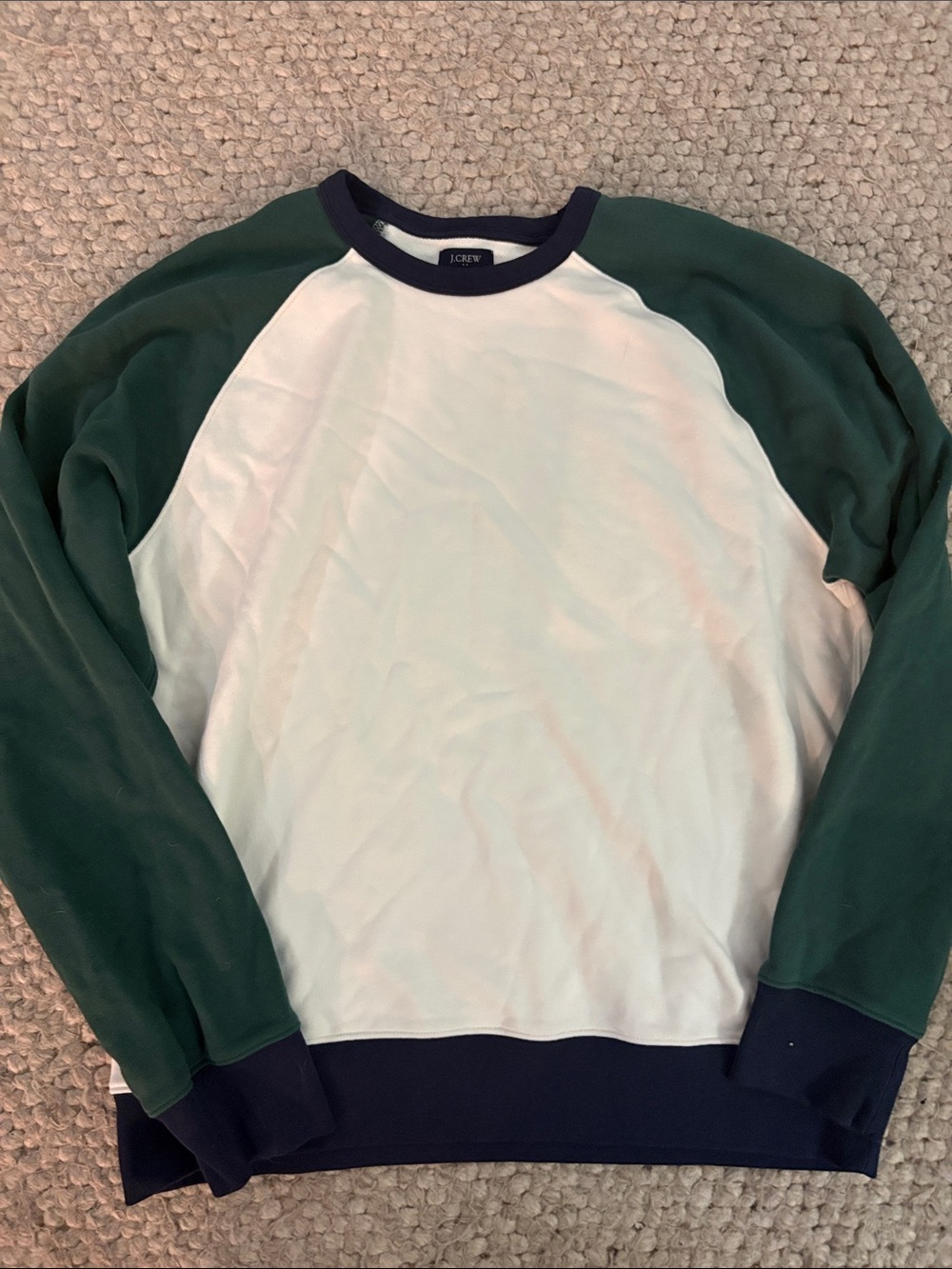J. Crew Men's Forest Green and White Raglan Crewneck with Navy Trim